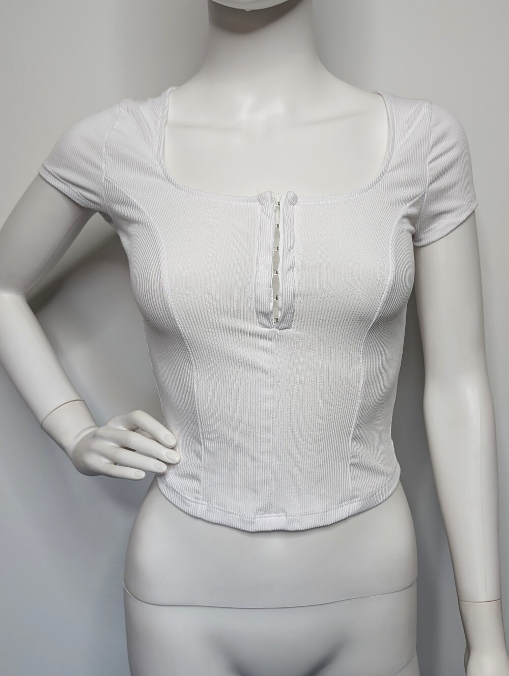 White Hook & Eye Ribbed Cap Sleeve Scoop Neck Tight Crop Top